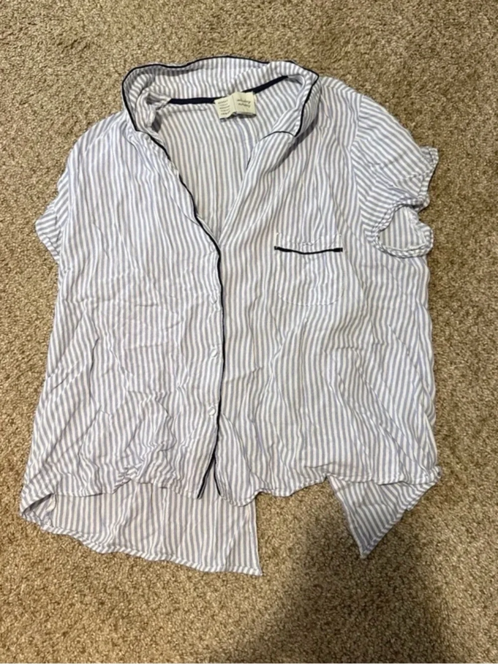Anthropologie Blue and White Striped Embroidered Pajama Set